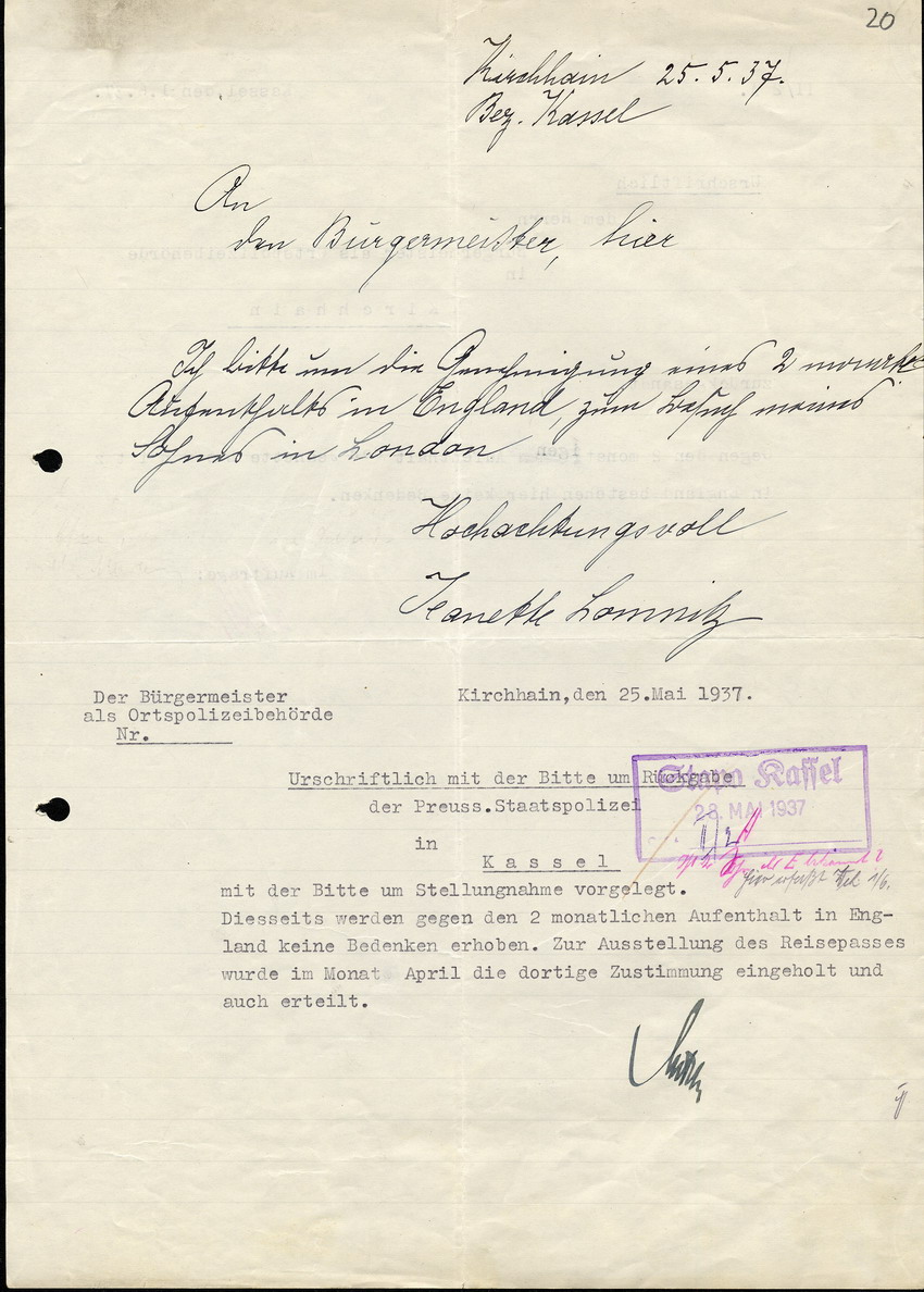 Brief von Frau Jeanette Lomnitz an den Bürgermeister von Kirchhain, 25. Mai 1937