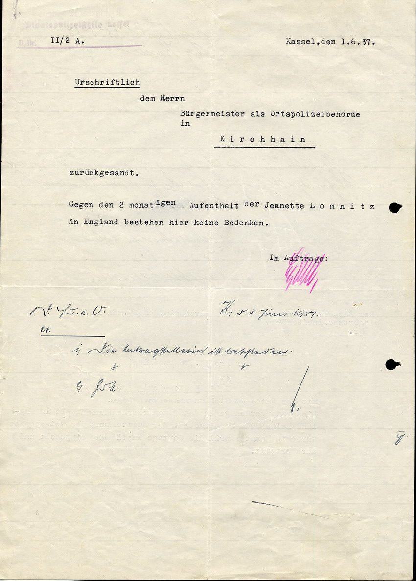 Brief von Frau Jeanette Lomnitz an den Bürgermeister von Kirchhain, 25. Mai 1937