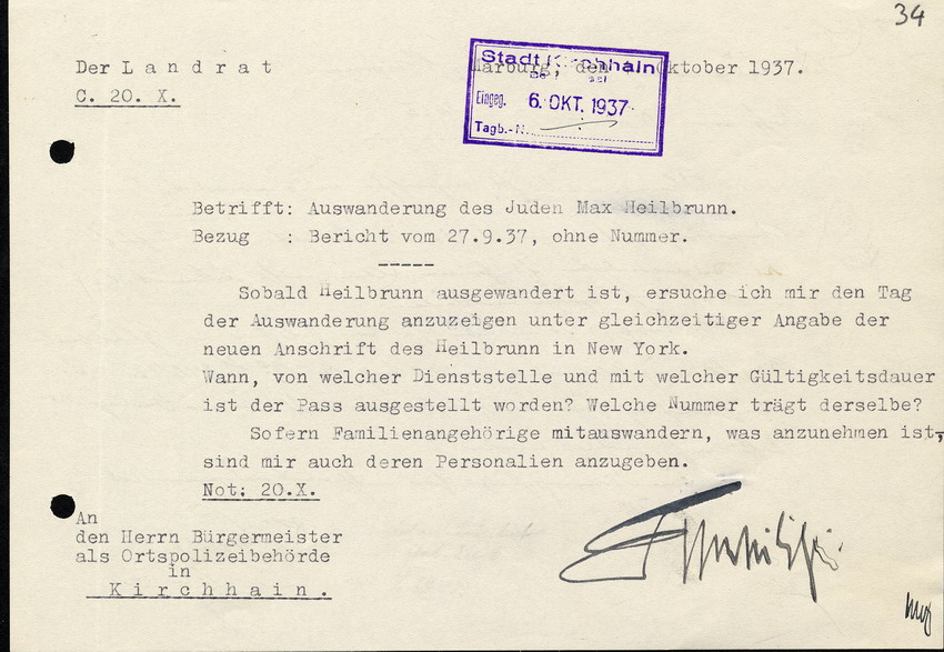 Der Landrat in Marburg an den Bürgermeister in Kirchhain, betreffend die Ausreise von Max Heilbrunn, 4. Oktober 1937