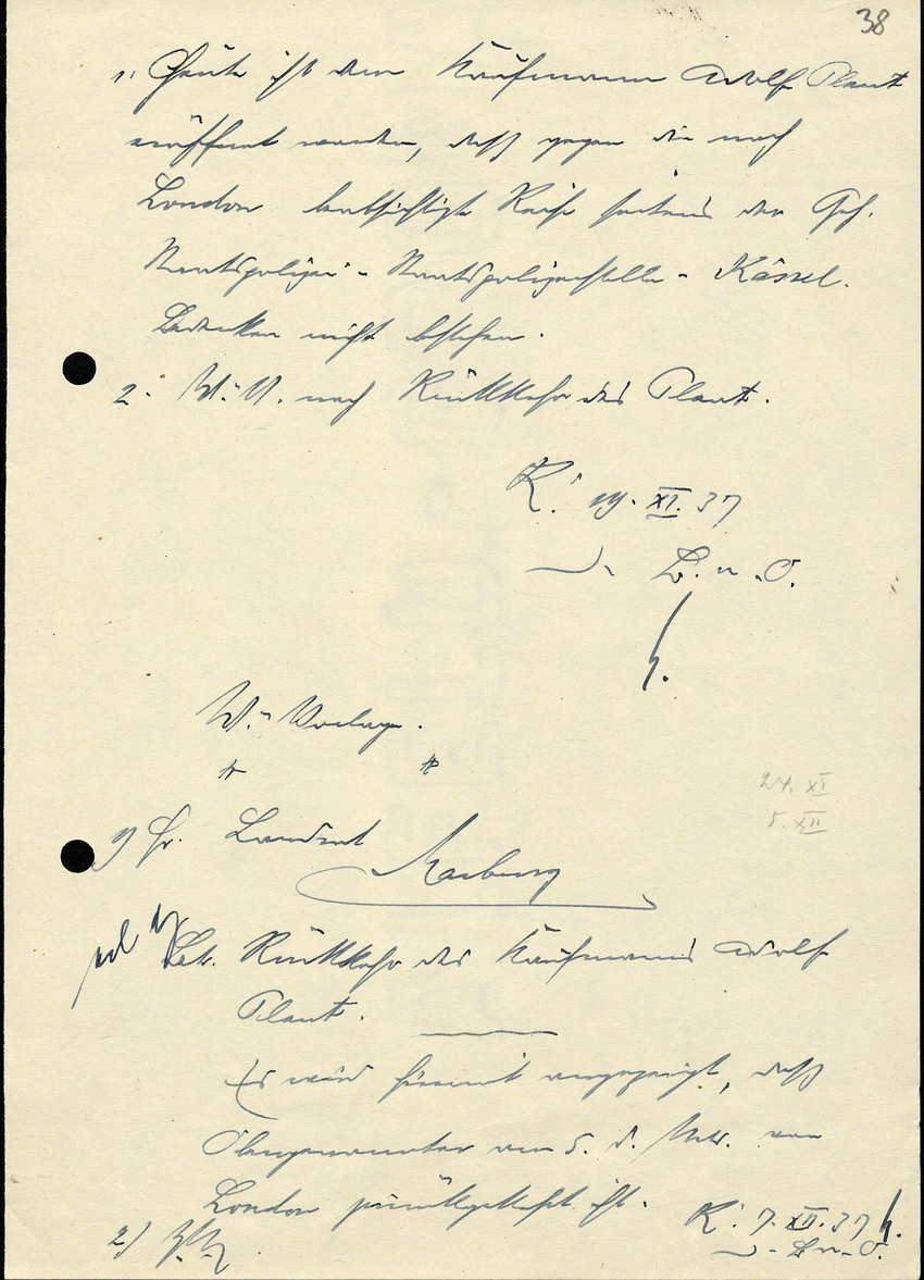 Brief an den Landrat in Marburg, betreffend eine Reise des Kaufmanns Adolf Plaut, 5. November. 1937