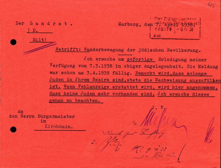 Brief des Landrats an den Bürgermeister in Kirchhain, Betreff: Wanderbewegung der jüdischen Bevölkerung, vom 7. März 1938