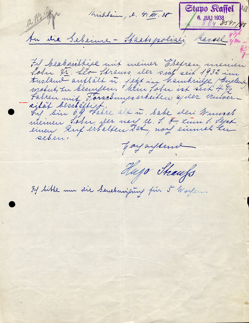 Der Bürger Hugo Staufs schreibt an die Staatspolizei Kassel, um genehmigung für eine Auslandsreise nach England zu erbitten, 4. Juli 1938