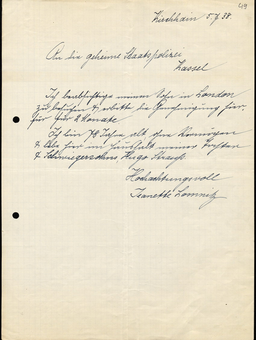 Brief von Frau Jeanette Lomnitz an die geheime Staatspolizei Kassel, und erbittet Genehmigung für eine 2 monatige Reise, 5. Juli 1938