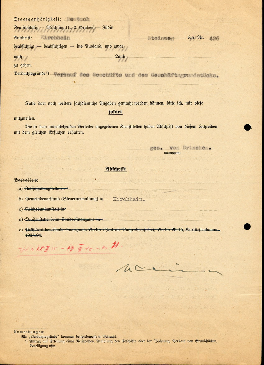 Brief und Fragebogen des Finanzamts Marburg zum Fall Adolf Plaut, an die Staatspolizeistelle Kassel, zur Nachfrage von Angehörigen und Vermögensbeständen, 2. September 1938