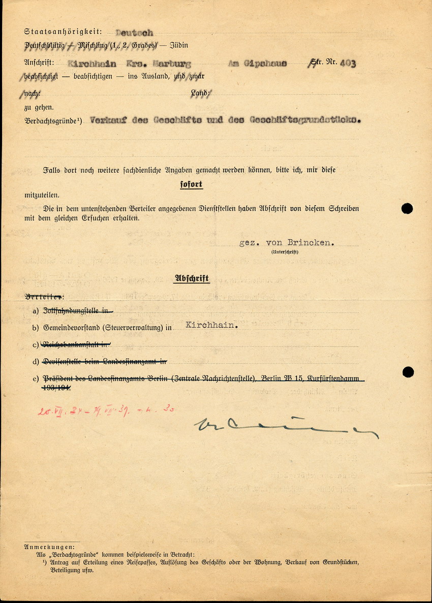 Brief und Fragebogen des Finanzamts Marburg zum Fall Julius Plaut an die Staatspolizeistelle Kassel, zur Nachfrage von Angehörigen und Vermögensbeständen, 2. September 1938