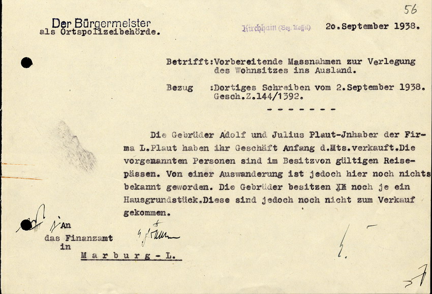 Zu den Vorbereitenden Massnahmen zur Verlegung des Wohnsitzes ins Ausland, von Julius und Adolf Plaut aus Kirchhain, 20. September 1938