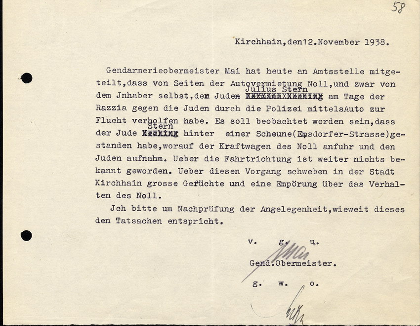 Anzeige / Protokoll des Gendarmerieobermeisters Mai zum Fall Fluchthilfe für den jüdischen Bürger Julius Stern durch den Inhaber der Autovermietung Noll, 12. November 1938.