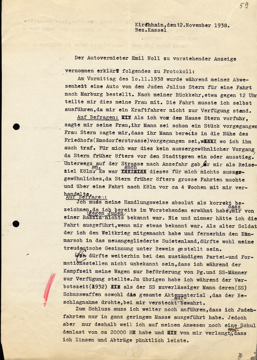 Aussage des Autovermieters Emil Noll zum Fall der Fluchthilfe für Julius Stern, 12. November 1938