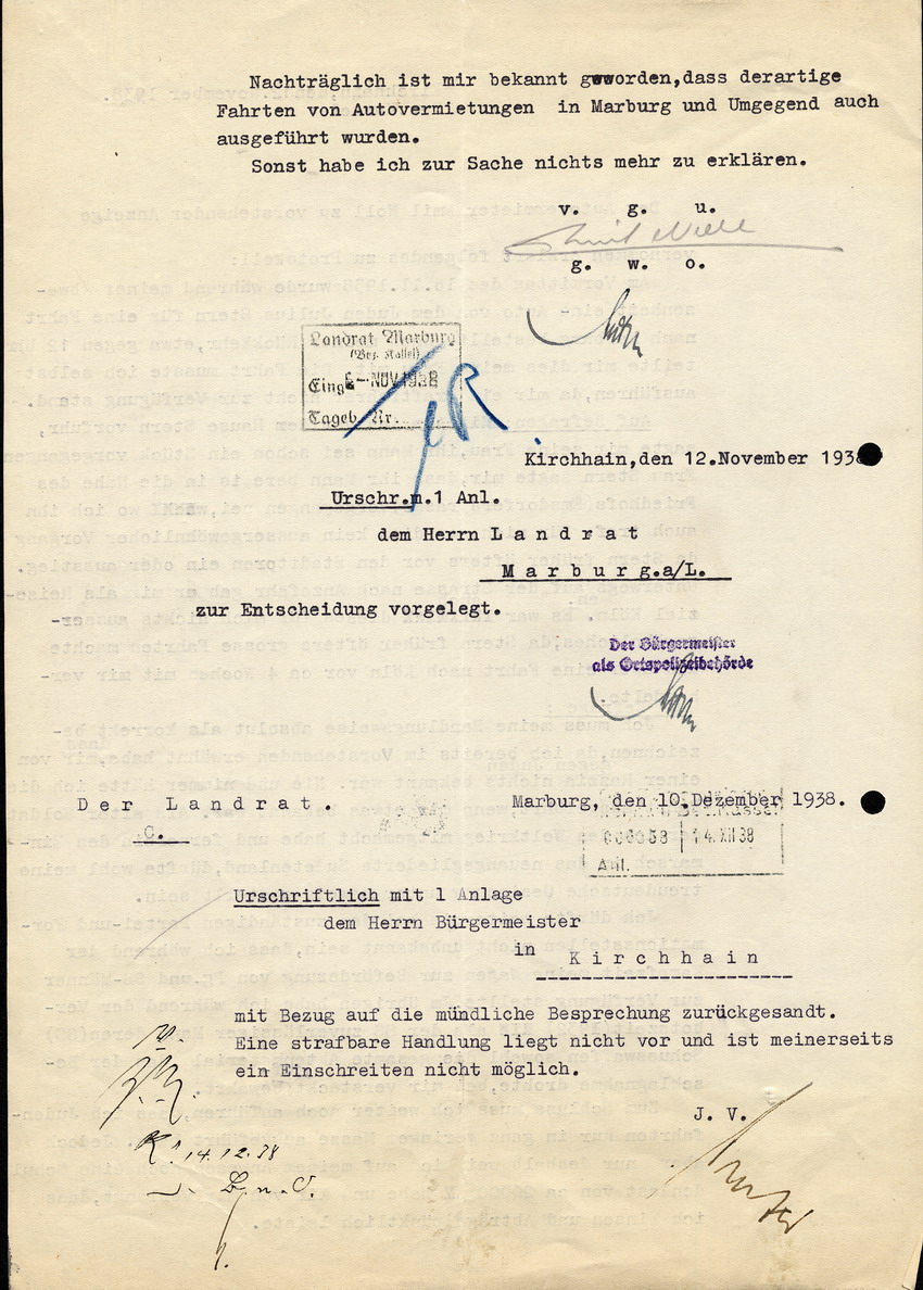 Aussage des Autovermieters Emil Noll zum Fall der Fluchthilfe für Julius Stern, 12. November 1938