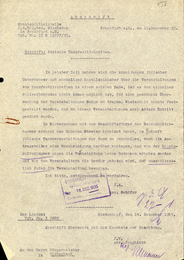 Schreiben der Wiesbadener Polizeistelle jüdische Tanzfestlichkeiten betreffend, 10. Dezember 1935