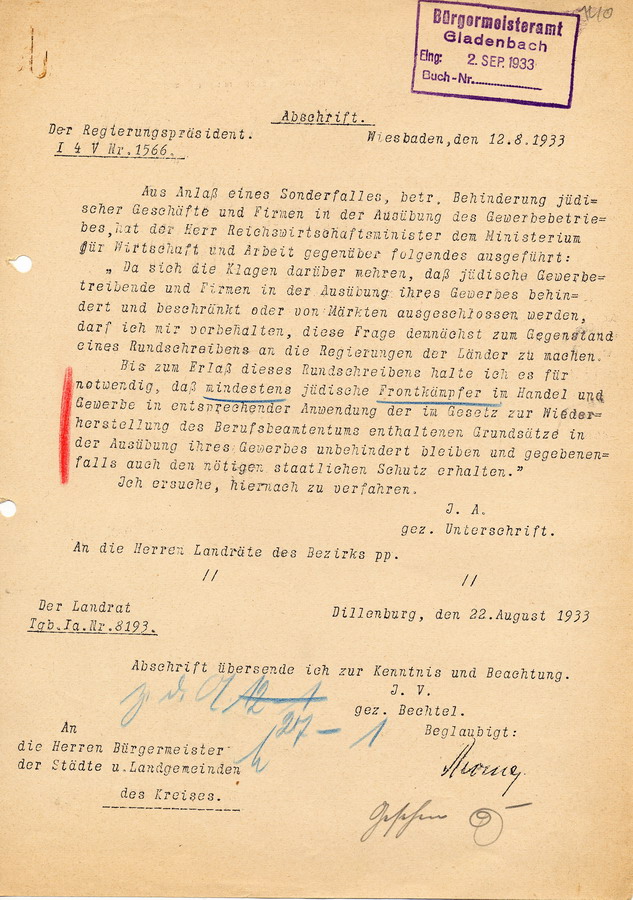 Schreiben des Regierungspräsidenten aus Wiesbaden mit Anordnung des Reichswirtschaftsministers die Behinderung jüdischer Geschäfte betreffend, 12. August 1933