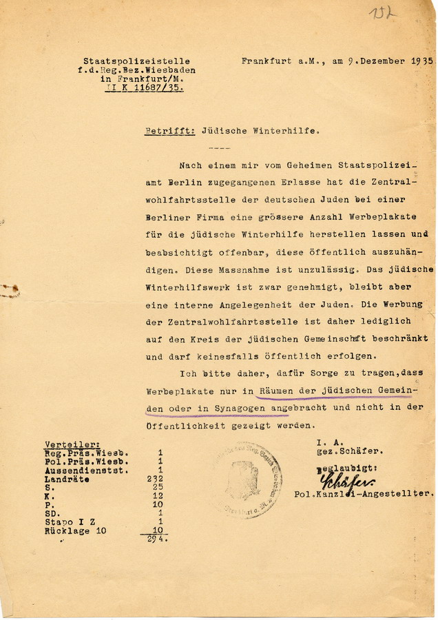 Mitteilung der Staatspolizeistelle Wiesbaden die jüdische Winterhilfe betreffend, 9. Dezember 1935