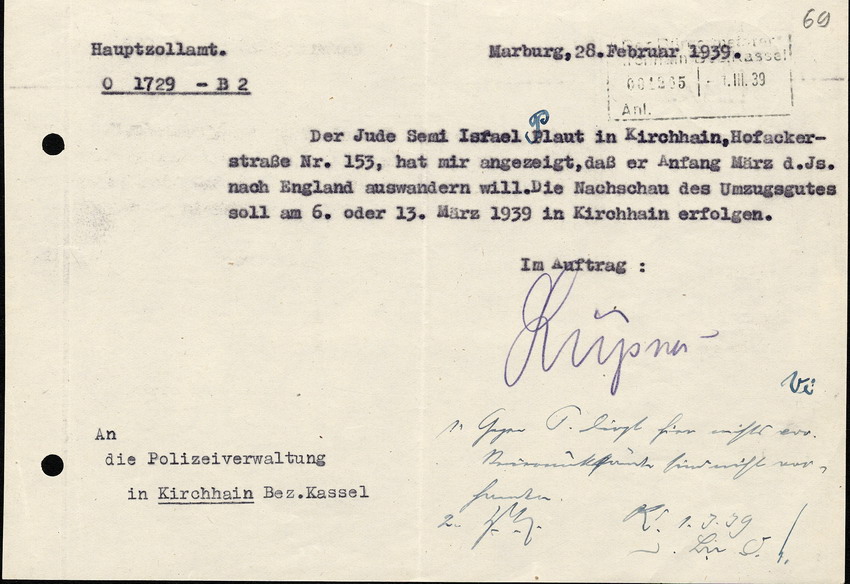 Das Hauptzollamt in Marburg schreibt an die Polizeiverwaltung der Stadt Kirchhain, 28. Februar 1939