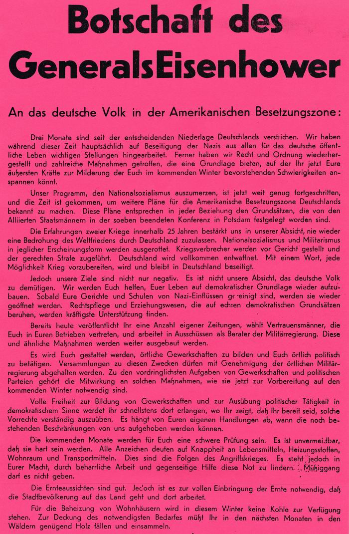 Bild zum Dokument Anschlag: "Botschaft des Generals Eisenhower an das deutsche V