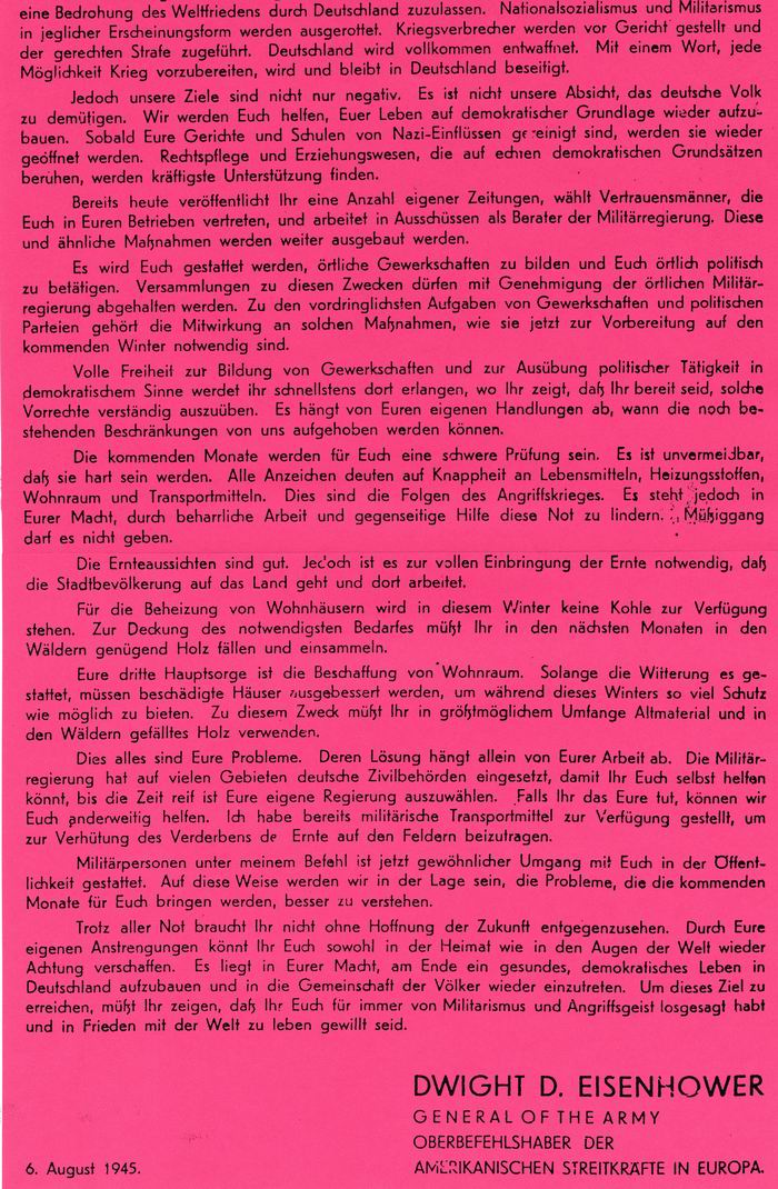 Bild zum Dokument Anschlag: "Botschaft des Generals Eisenhower an das deutsche V
