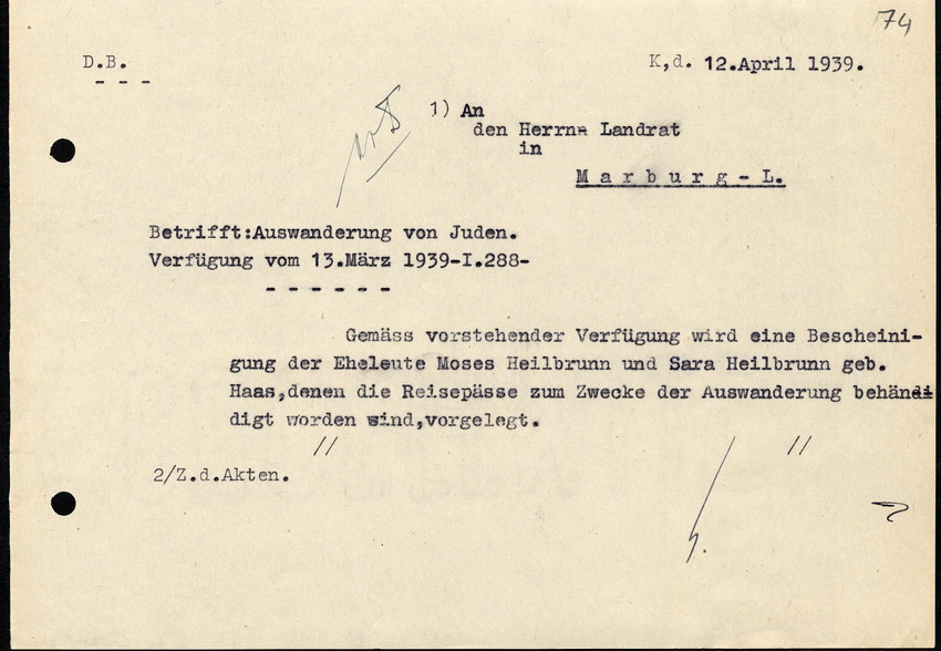 Brief an den Landrat in Marburg, betreffend "Auswanderung der Juden", vom 12. April 1939