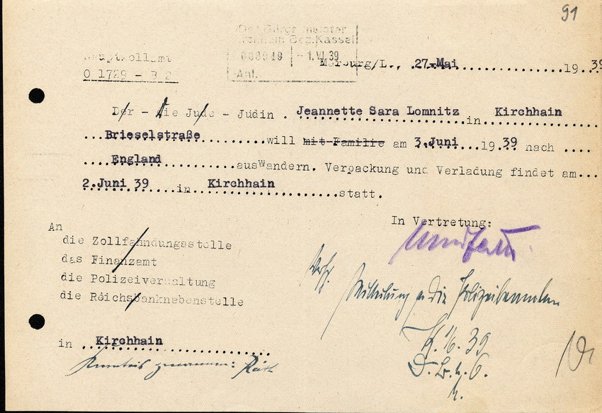 Brief des Hauptzollamtes Marburg an die Polizeiverwaltung in Kassel, zur Ausreise der jüdischen Bürgerin Jeannette Lomnitz aus Kirchhain, 27. Mai 1939