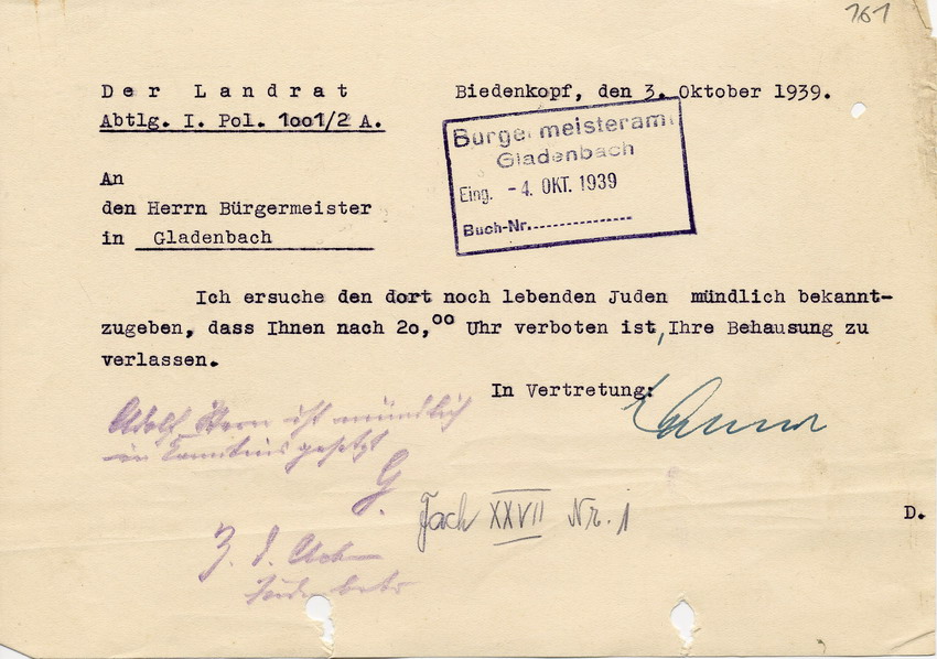Mitteilung des Landrates Biedenkopf an den Bürgermeister in Gladenbach die dort noch lebenden Juden betreffend, 3. Oktober 1939