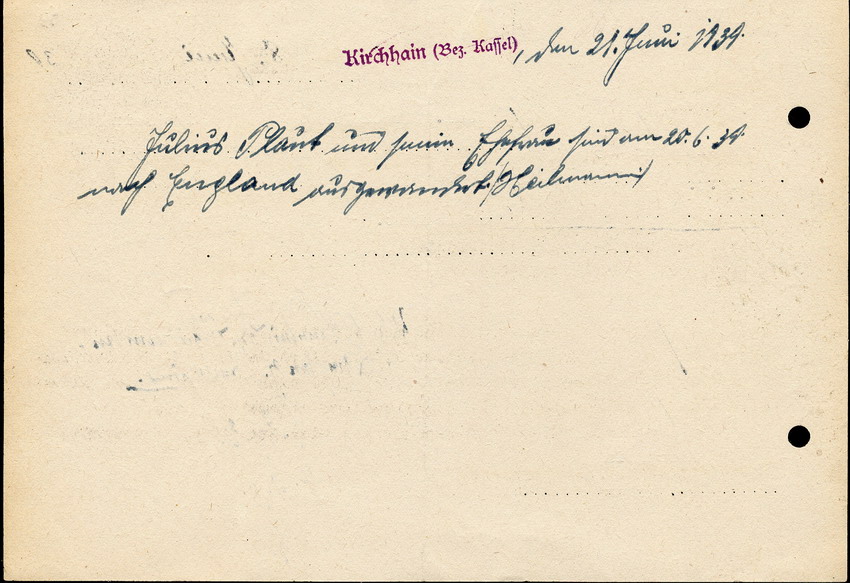 Brief des Hauptzollamtes Marburg an die Polizeiverwaltung in Kassel, zur Auswanderung des Juden Julius Plaut aus Kirchhain in die USA, 08. Juni 1939