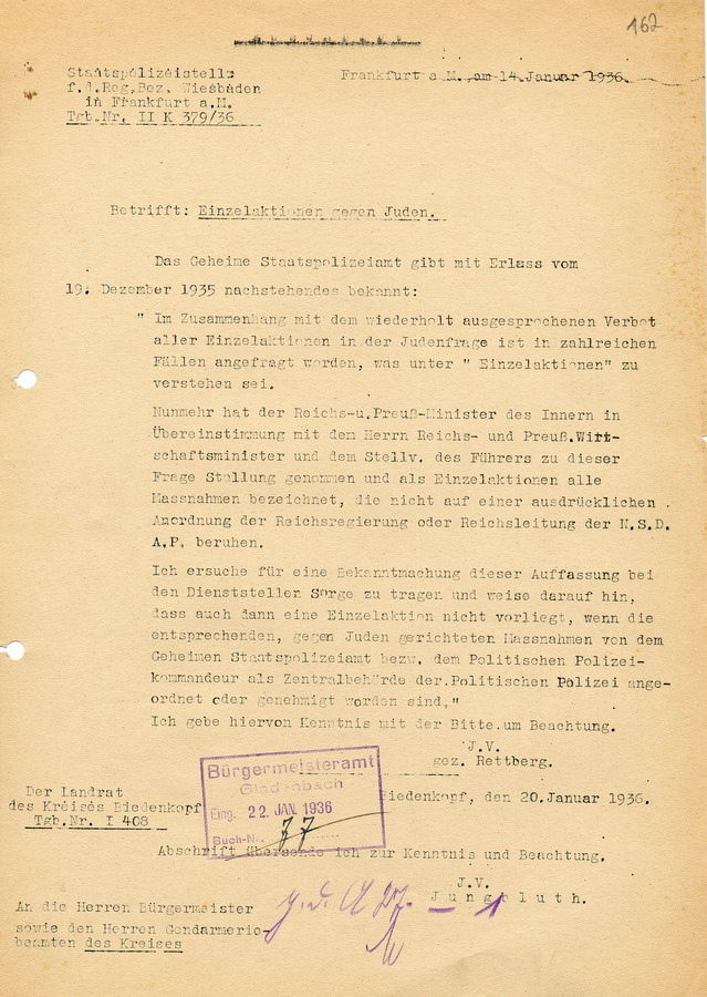 Die Staatspolizeistelle in Wiesbaden leitet einen Erlass vom 19.12.1935 von dem Geheimen Staatspolizeiamt Einzelaktionen gegen Juden betreffend weiter, 14. Januar 1936