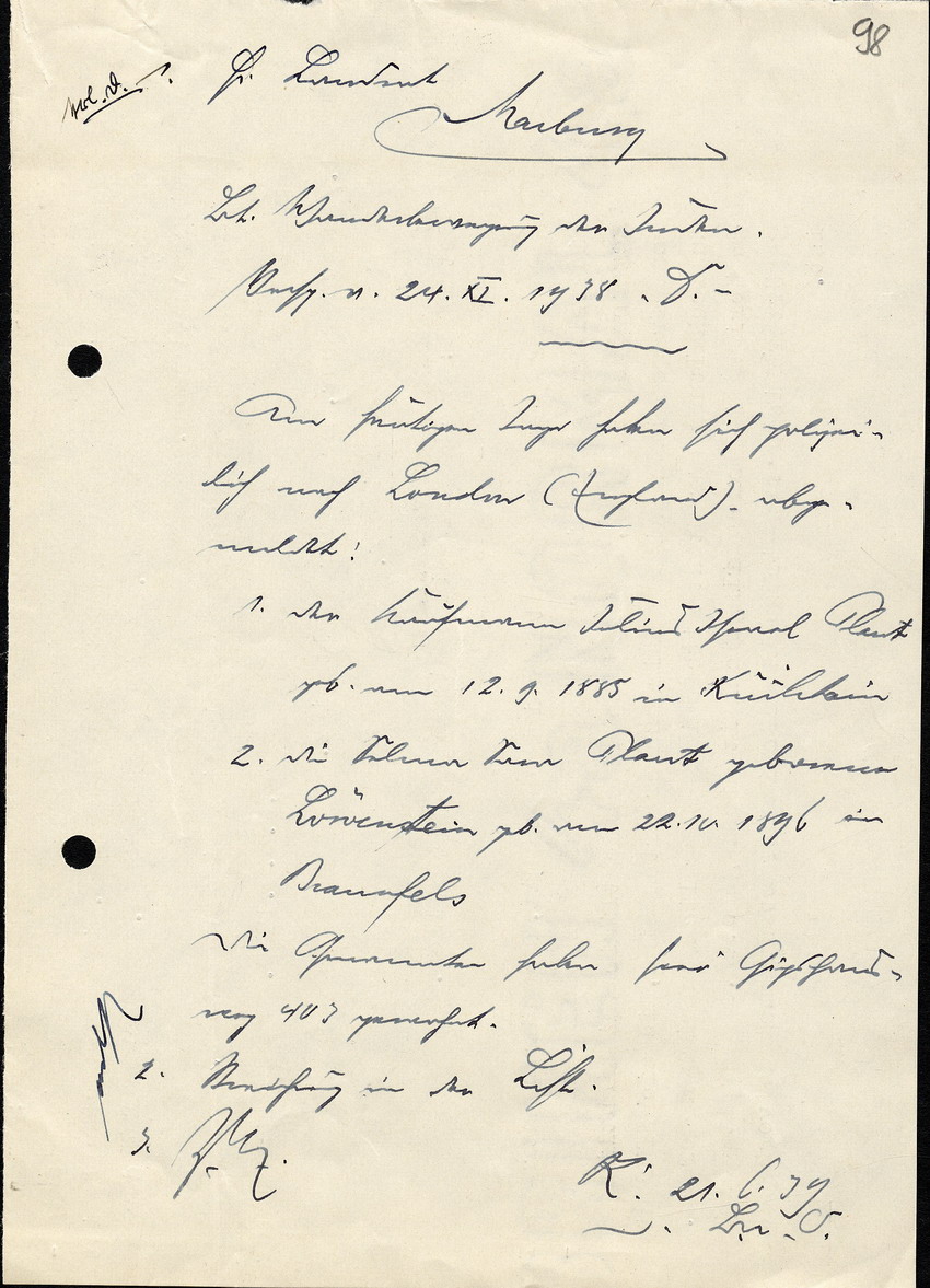 Handschrift. Notiz des Landratsamts zur Abmeldung der Familie Plaut, 21. Juni 1939