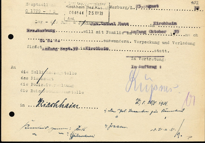 Brief des Hauptzollamtes Marburg an die Polizeiverwaltung in Kassel, zur Ausreise des Juden Jakob Haas aus Kirchhain, 08. Juni 1939