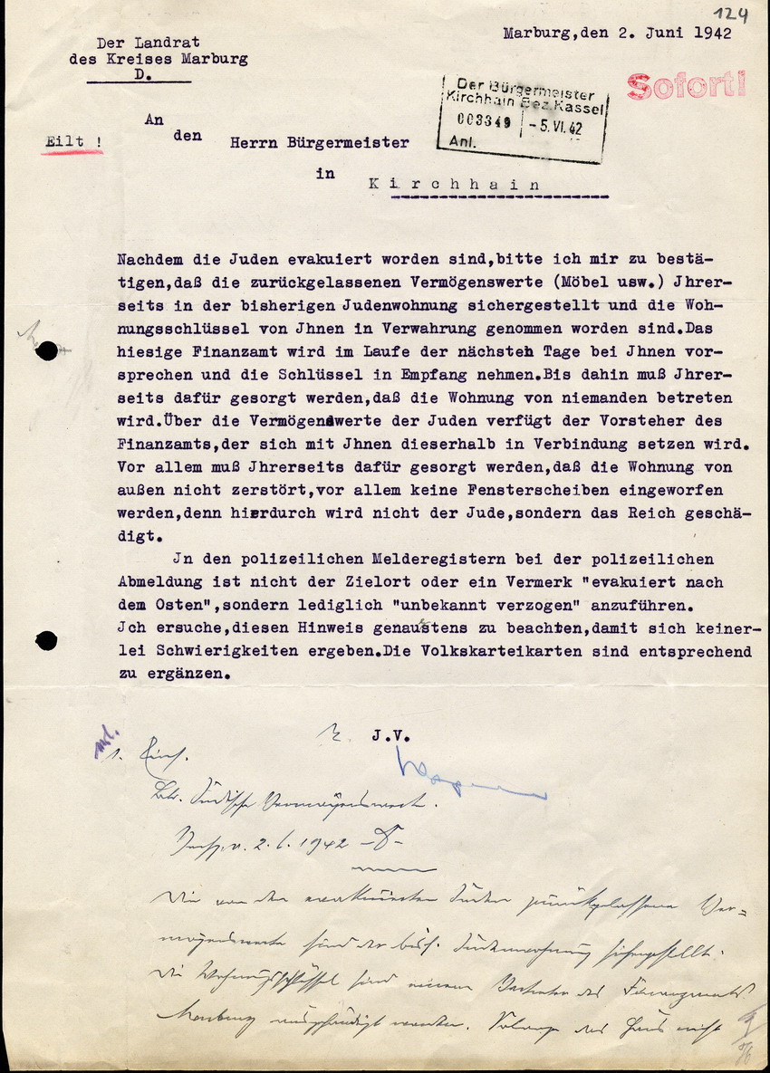 Der Landrat in Marburg an den Bürgermeister in Kirchhain, betreffend die "Evakuierung" von Juden und deren zurückgelassene Vermögenswerte, 02. Juni 1942
