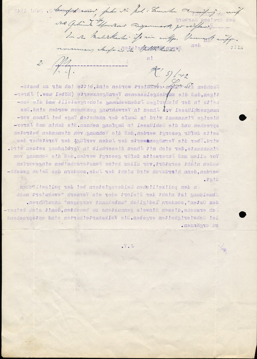 Der Landrat in Marburg an den Bürgermeister in Kirchhain, betreffend die "Evakuierung" von Juden und deren zurückgelassene Vermögenswerte, 02. Juni 1942