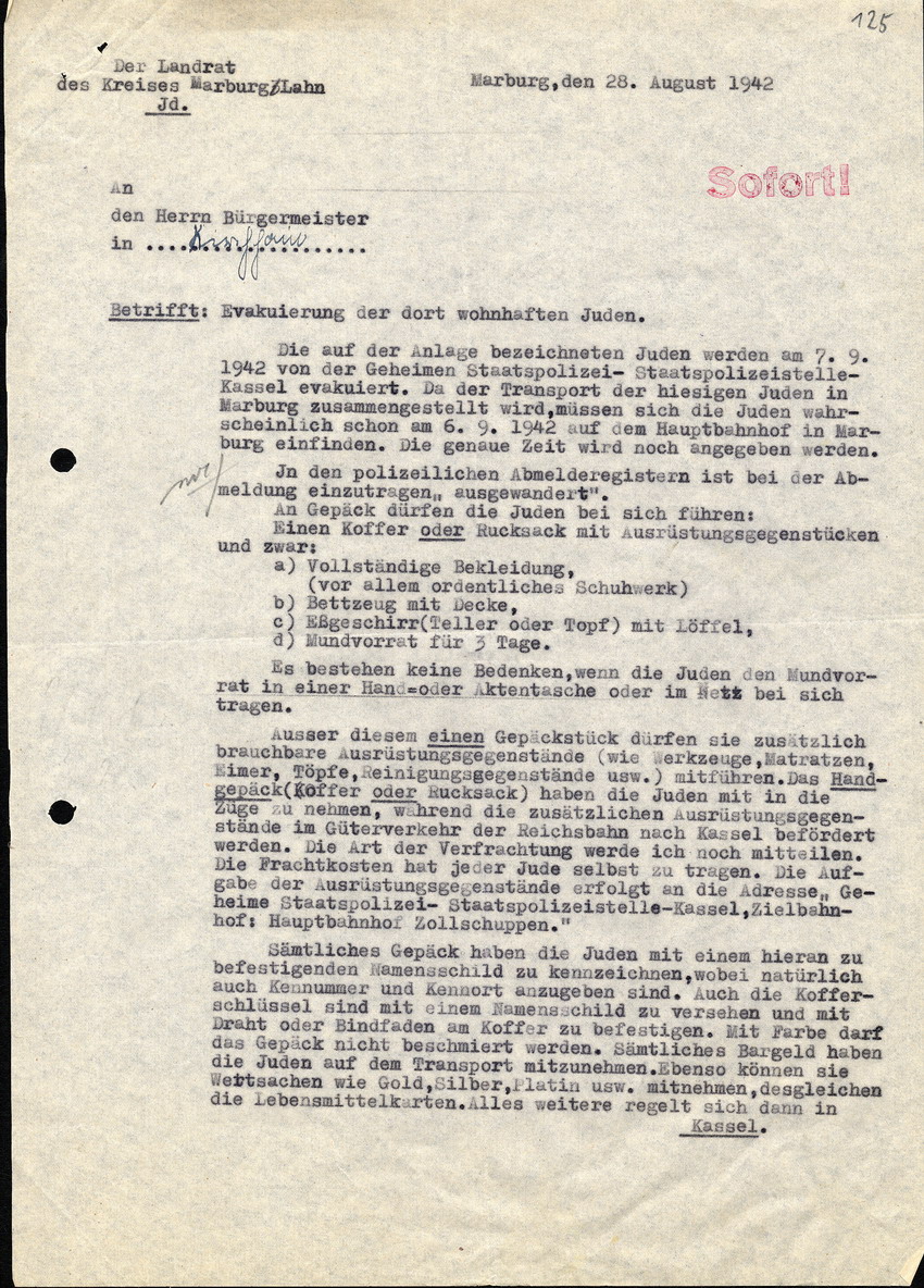 Anweisungen des Landrats in Marburg an den Bürgermeister in Kirchhain, betreffend die Deportation der Juden aus Kirchhain, 28. August 1942