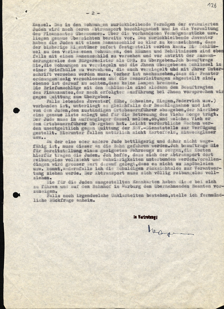 Anweisungen des Landrats in Marburg an den Bürgermeister in Kirchhain, betreffend die Deportation der Juden aus Kirchhain, 28. August 1942