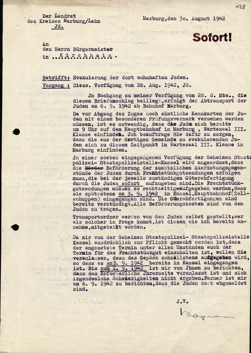 Anweisungen des Landrats in Marburg an den Bürgermeister in Kirchhain, betreffend die Deportation der Juden aus Kirchhain, 30. August 1942