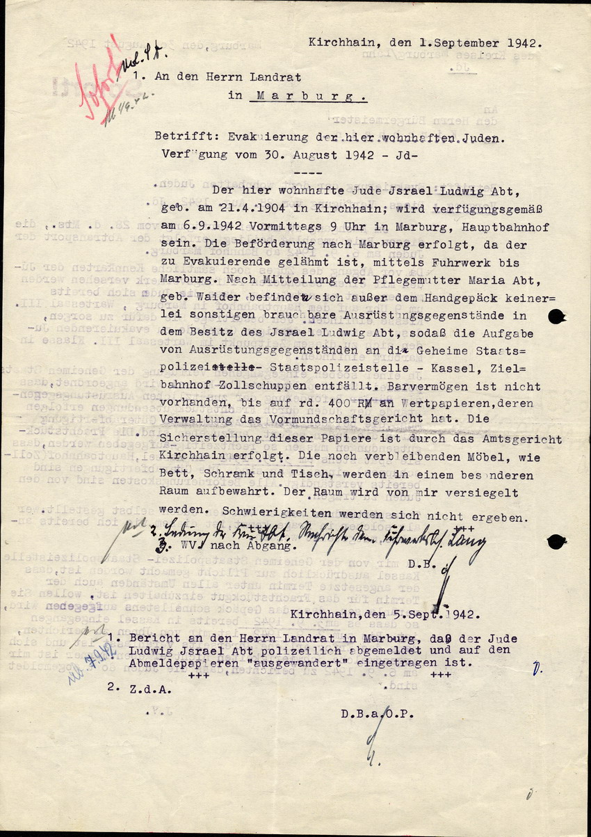 Anweisungen des Landrats in Marburg an den Bürgermeister in Kirchhain, betreffend die Deportation der Juden aus Kirchhain, 30. August 1942