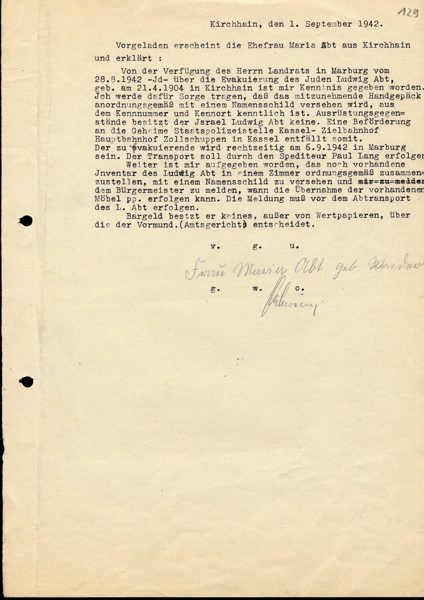 Vorladung der Ehefrau von Ludwig Abt, Maria Abt, 1. September 1942