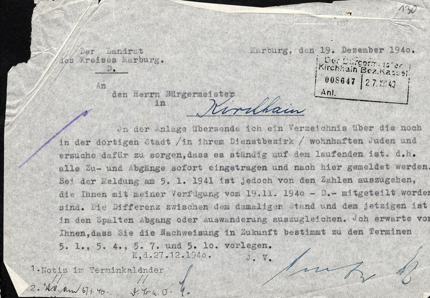 Brief des Landrats, indem er eine Anlage mit dem Verzeichnis aller in Kirchhain lebendem Juden übersendet.