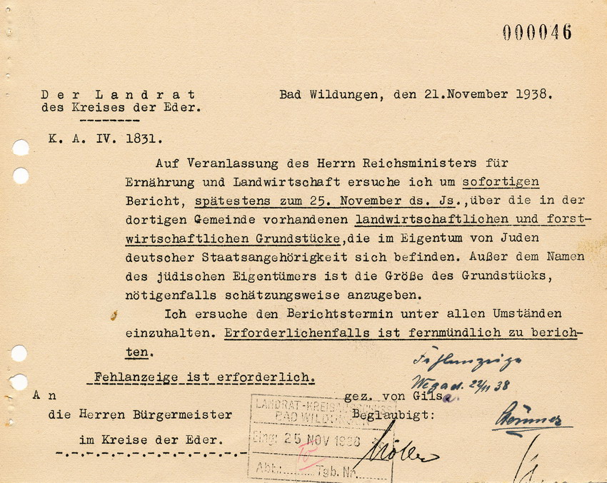 Schreiben des Landrats des Kreises der Eder in Bad Wildungen an die Bürgermeister im Kreis betreffend Aufstellung der landwirtschaftlichen und forstwirtschaftlichen Grundstücke im Eigentum von Juden deutscher Staatsangehörigkeit, 21. November 1938.