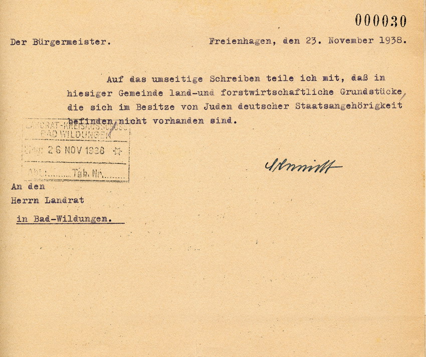 Antwortschreiben des Bürgermeisters von Freienhagen an den Landrat in Bad Wildungen betreffend land- und forstwirtschaftliche Grundstücke im Besitz von Juden deutscher Staatsangehörigkeit, 23. November 1938.