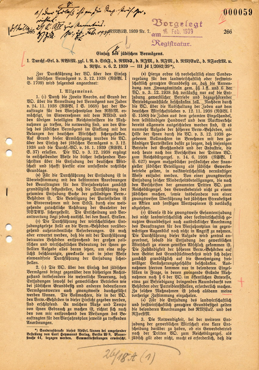 Durchführungserlass des Reichswirtschaftsministers zur Verordnung über den "Einsatz des jüdischen Vermögens", 6. Februar 1939.