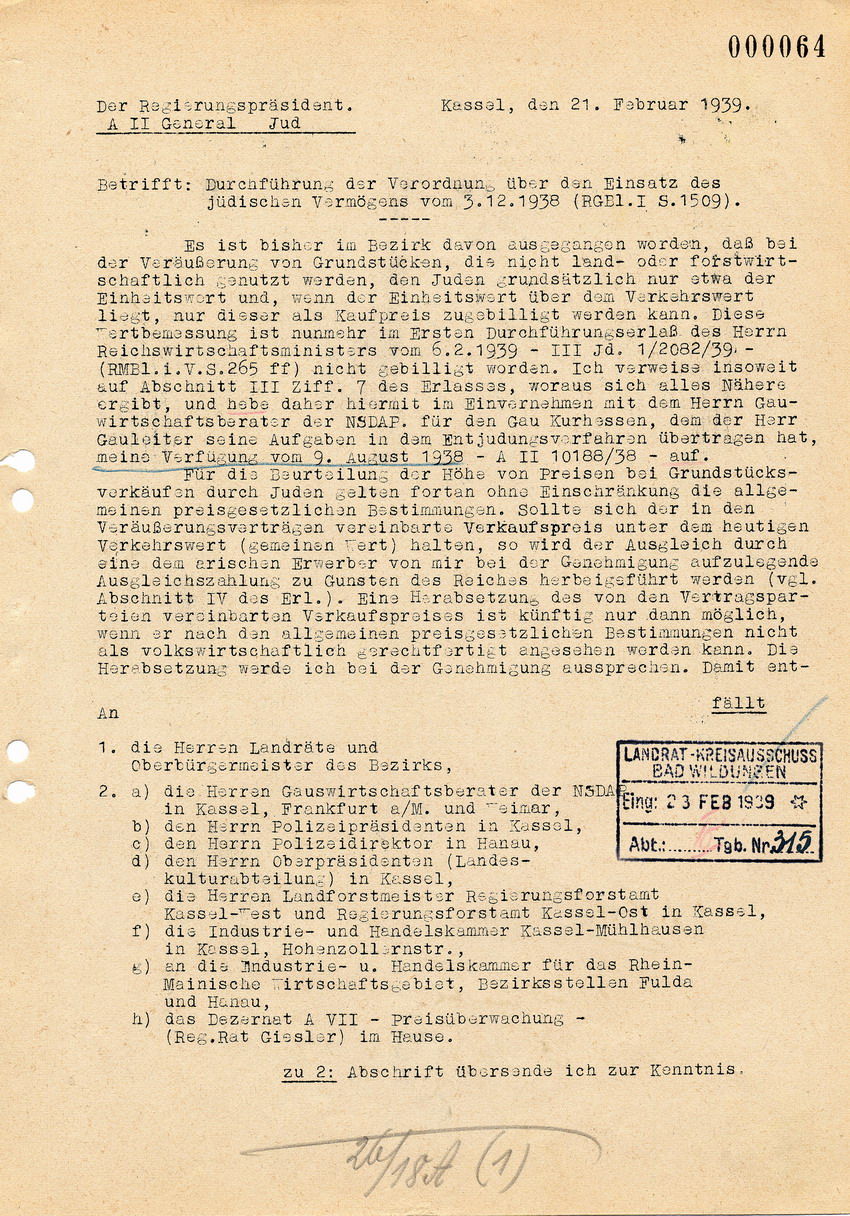 Schreiben des Regierungspräsidenten in Kassel von Monbart betreffend Preise für jüdische Grundstücke, 21. Februar 1939.