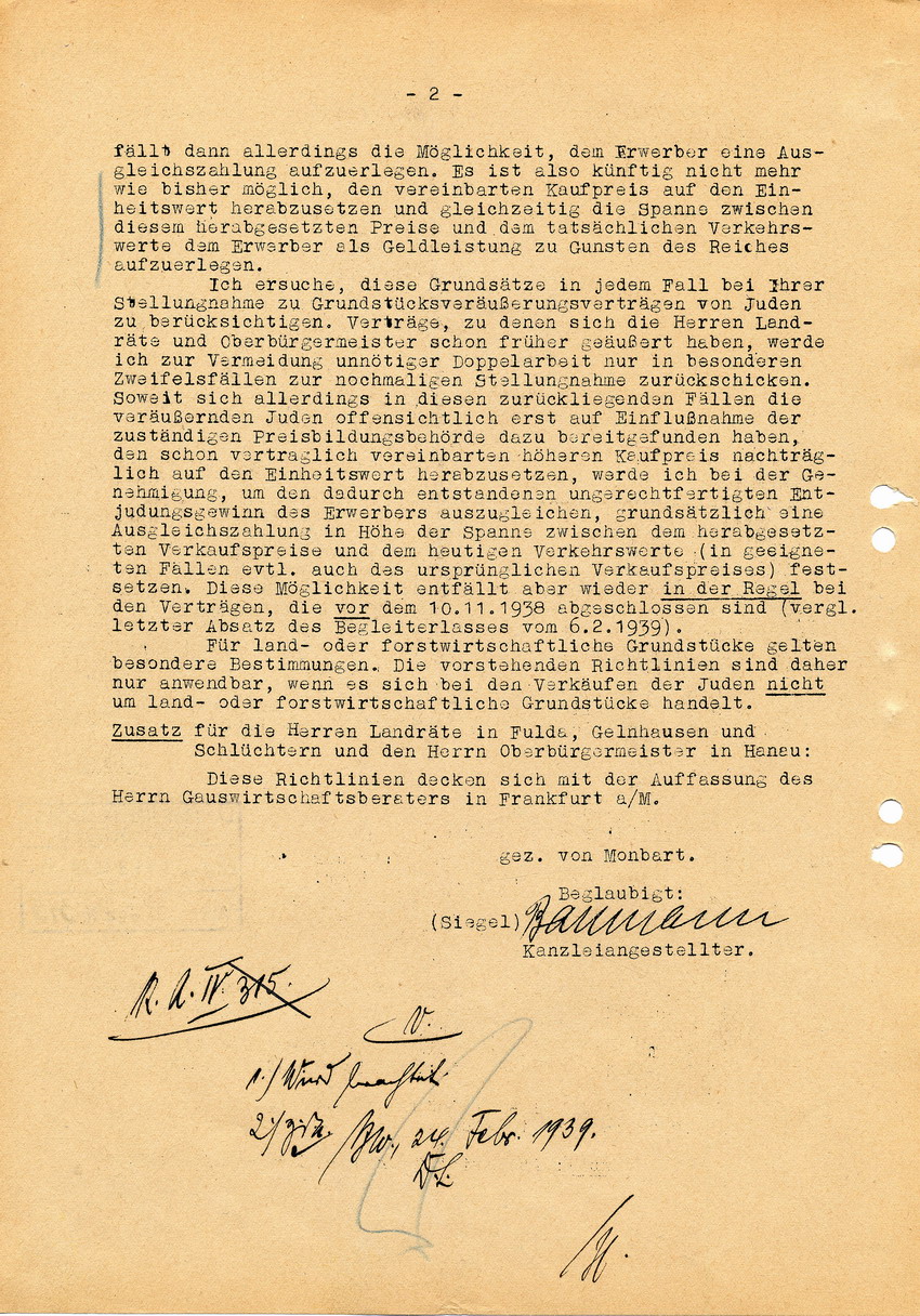 Schreiben des Regierungspräsidenten in Kassel von Monbart betreffend Preise für jüdische Grundstücke, 21. Februar 1939.
