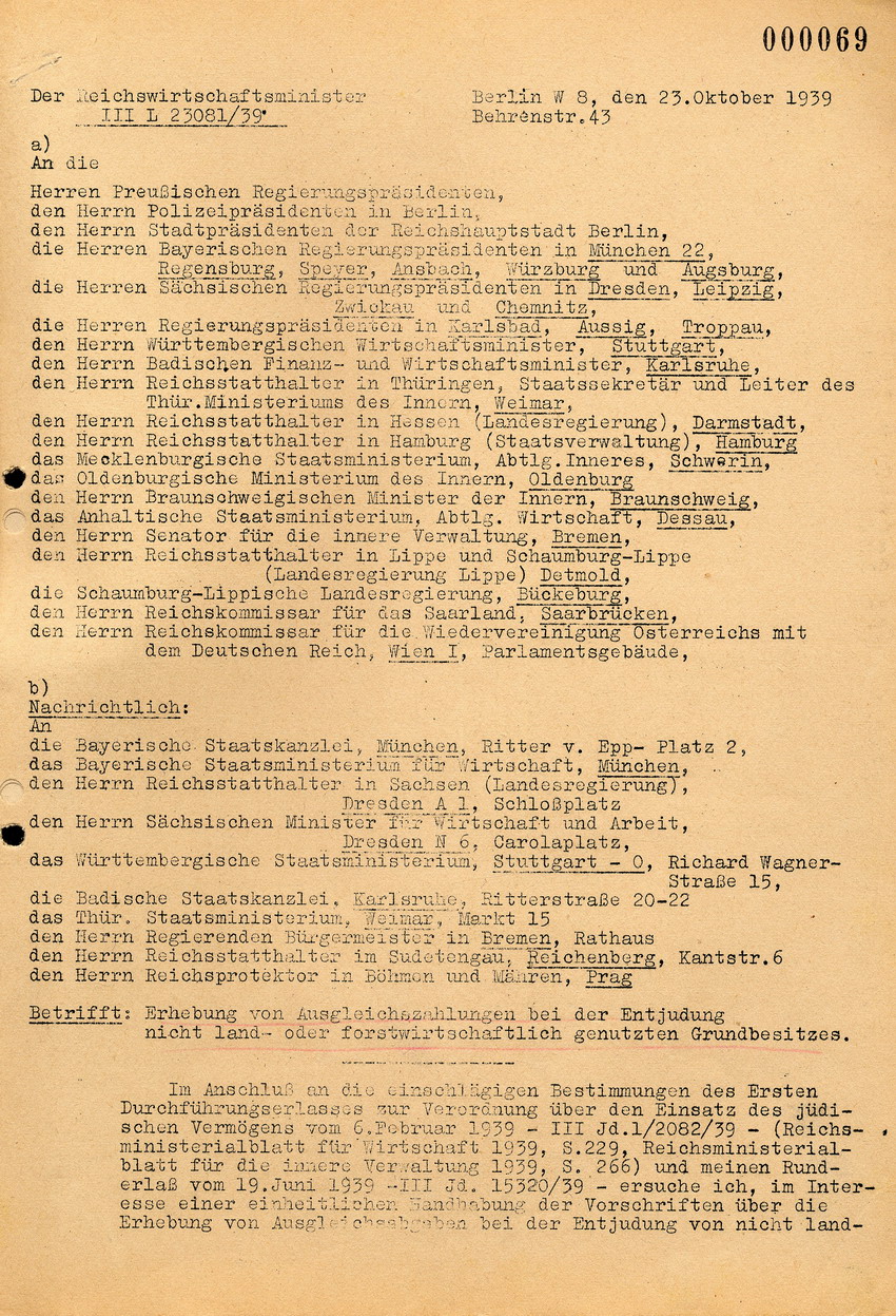 Schreiben des Reichswirtschaftsministers betreffend "Ausgleichszahlungen" bei jüdischem Grundbesitz, 23. Oktober 1939.