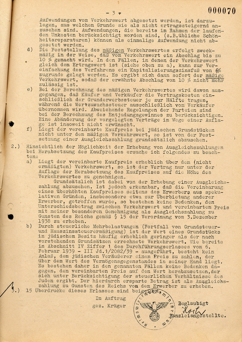 Schreiben des Reichswirtschaftsministers betreffend "Ausgleichszahlungen" bei jüdischem Grundbesitz, 23. Oktober 1939.