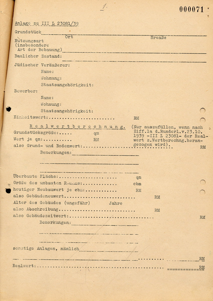 Schreiben des Reichswirtschaftsministers betreffend "Ausgleichszahlungen" bei jüdischem Grundbesitz, 23. Oktober 1939.