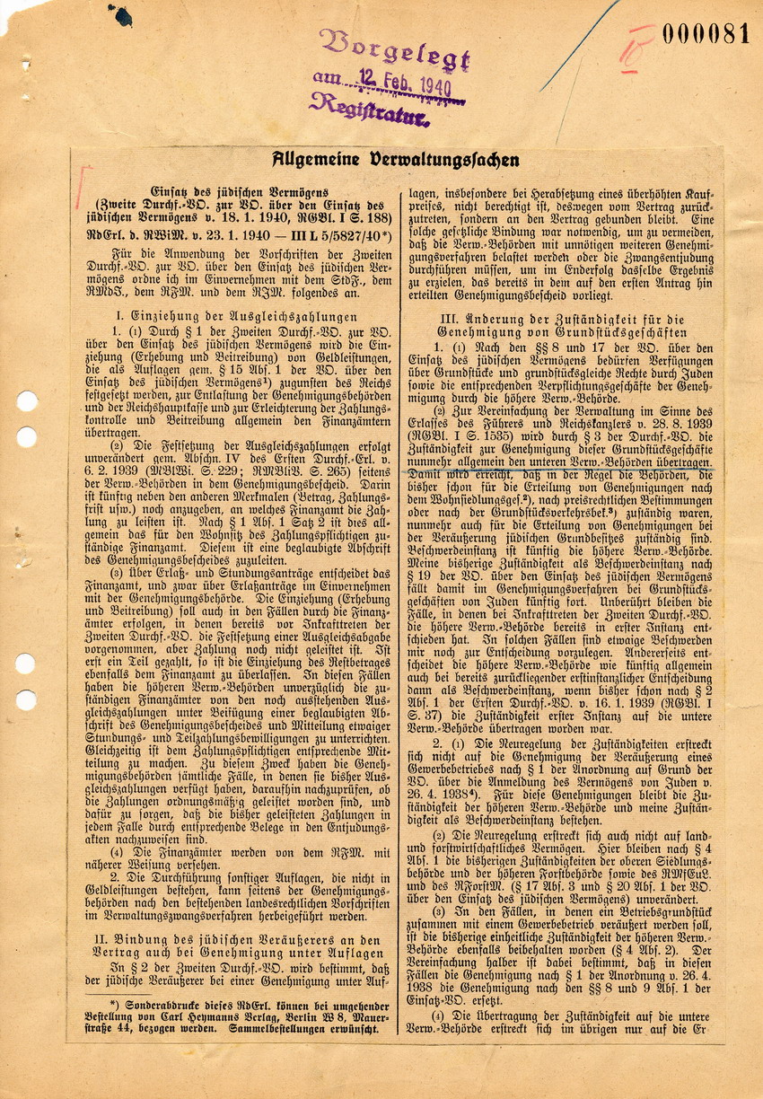 Runderlass des Reichswirtschaftsministers betreffend "Einsatz des jüdischen Vermögens", 23. Januar 1940.