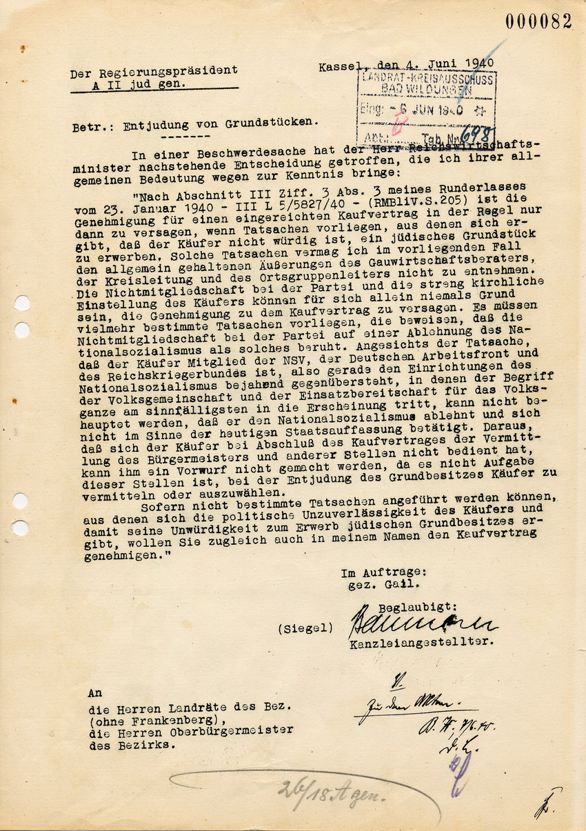Schreiben des Regierungspräsidenten in Kassel betreffend Entscheidung in einer Beschwerdesache zur Frage des "Käufers" jüdischer Grundstücke, 4. Juni 1940.