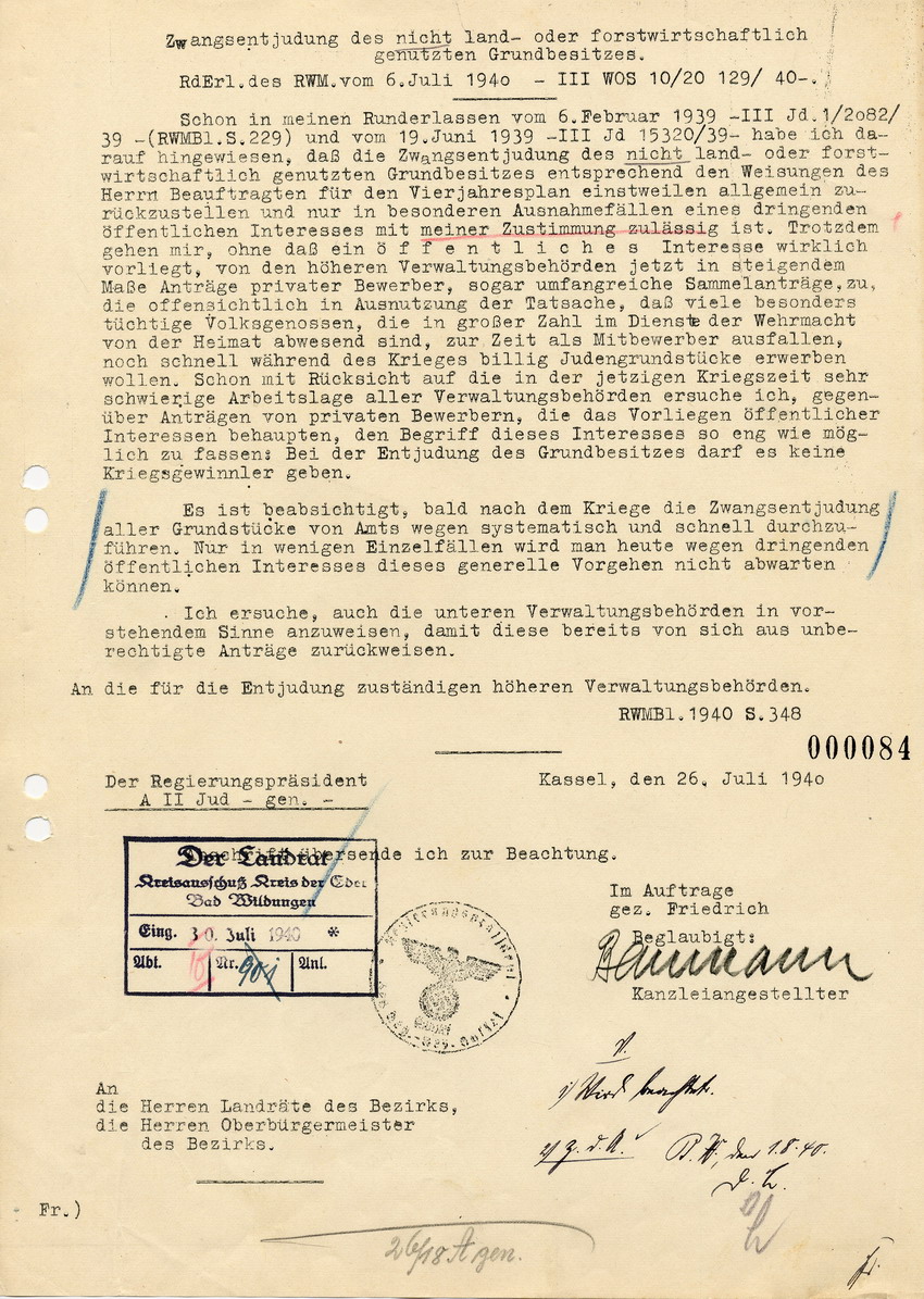 Runderlass des Reichswirtschaftsministers betreffend "Zwangsentjudung des nicht land- oder forstwirtschaflich genutzten Grundbesitzes", 6. Juli 1940.
