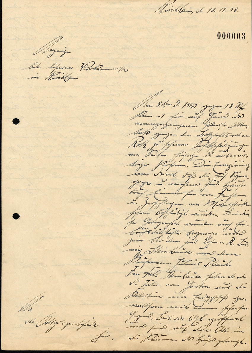 Handschriftl. Brief betreffend die "besonderen Vorkommnisse" in Kirchhain, 10. November 1938