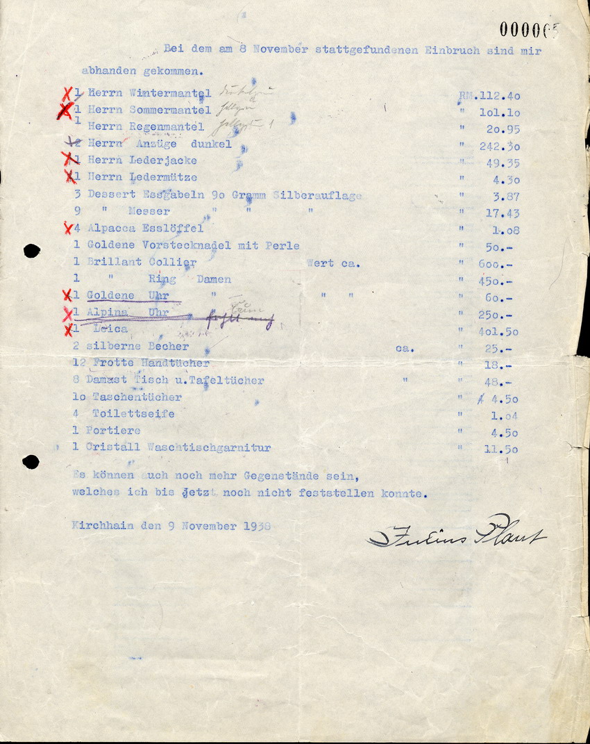 Aufstellung der beim Einbruch am 8. November entwendeten Gegenstände von Julius Plaut, 9. November 1938