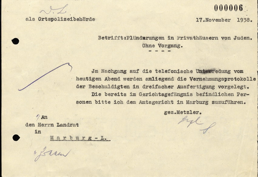 Brief an die Ortspolizeibehörde, zu den Plünderungen in Privathäusern bei den Progromen am 8. November, 17. November 1938