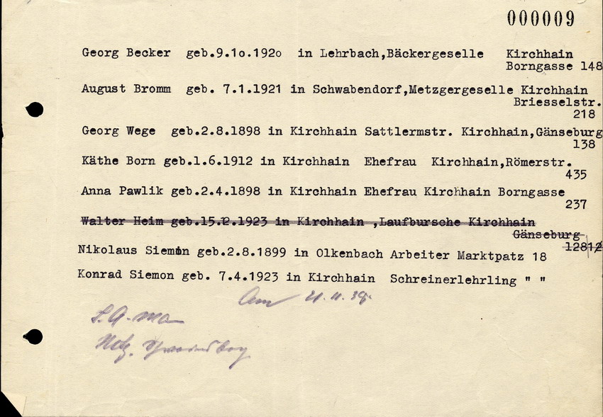 Verzeichnis der an den Plünderungen vom 9. November in Privathäusern von Juden beteiligten Personen, 17. November 1938