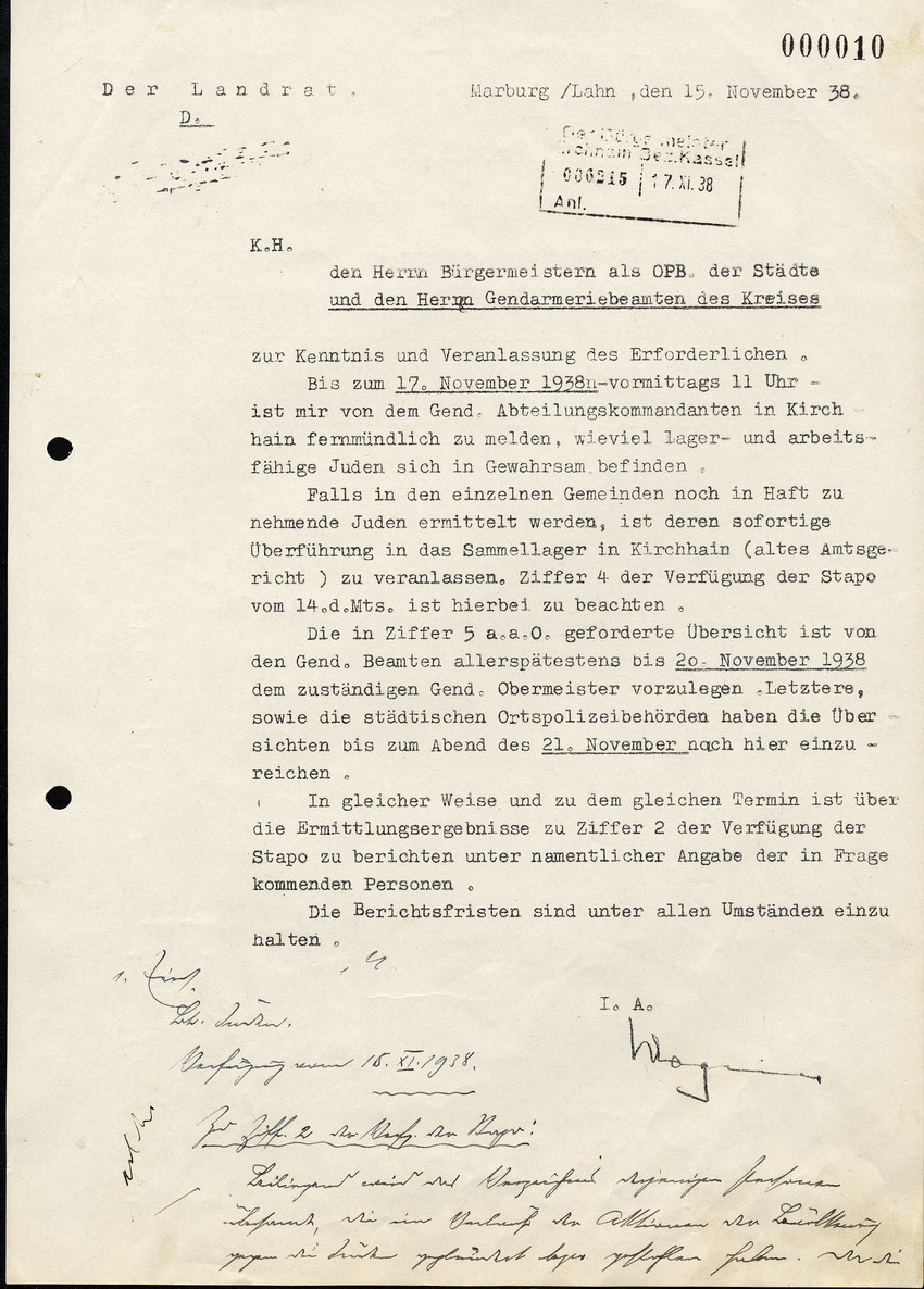 Der Brief des Landrats, Anfrage über die Anzahl der "Lager - und arbeitsfähigen Juden" im Gewahrsam der Stadt, 15. November 1938